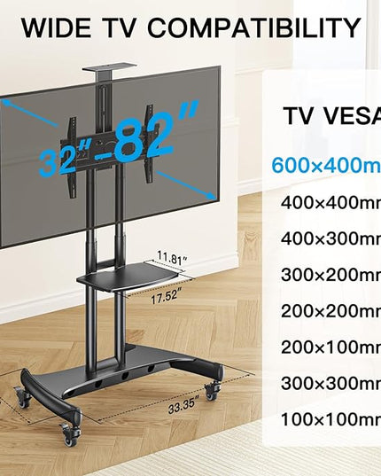 PERLESMITH Rolling/Mobile TV Cart with Wheels for 32-82 Inch LCD LED 4K Flat Screen TVs - TV Floor Stand with Shelf Holds Up to 100 lbs, Height Adjustable Trolley Max VESA 600x400mm- PSTVMC05 - LeafyLoom