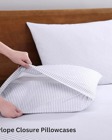 LANE LINEN 100% Organic Cotton Sheet Sets Queen Size, 4Pc Queen Size Cotton Sheets, Hotel Style Sheets, Bedding Sheets & Pillowcases, Queen Sheet Sets Deep Pockets Fits upto 15" - Blue Ticking Stripe - LeafyLoom