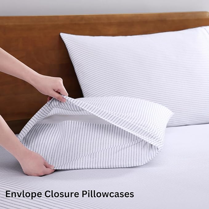 LANE LINEN 100% Organic Cotton Sheet Sets Queen Size, 4Pc Queen Size Cotton Sheets, Hotel Style Sheets, Bedding Sheets & Pillowcases, Queen Sheet Sets Deep Pockets Fits upto 15" - Blue Ticking Stripe - LeafyLoom