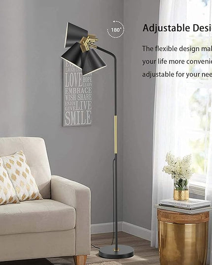 Industrial Floor Lamps for Living Rooms & Bedrooms - Rustic Farmhouse Reading Lamp - Standing, Adjustable Metal Heads Indoor Task Lighting for Living Room Bedroom Office Home Décor (Black-Large) - LeafyLoom