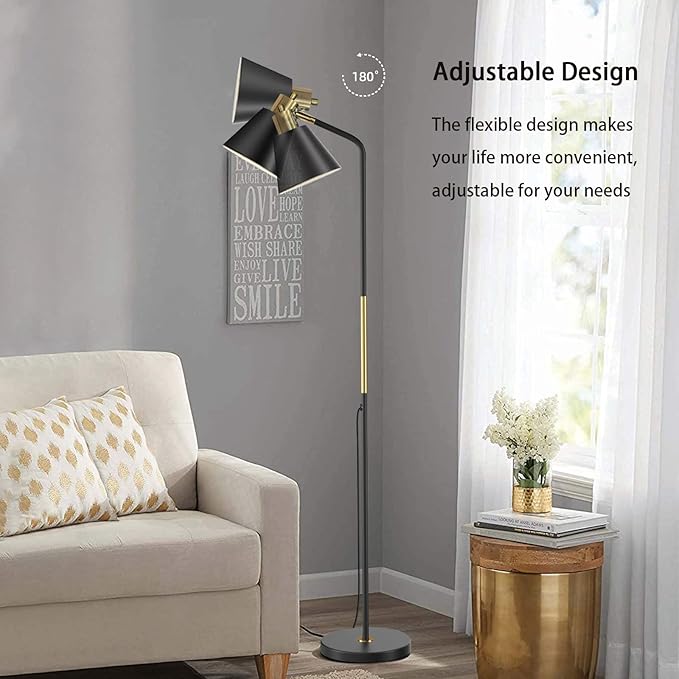 Industrial Floor Lamps for Living Rooms & Bedrooms - Rustic Farmhouse Reading Lamp - Standing, Adjustable Metal Heads Indoor Task Lighting for Living Room Bedroom Office Home Décor (Black-Large) - LeafyLoom