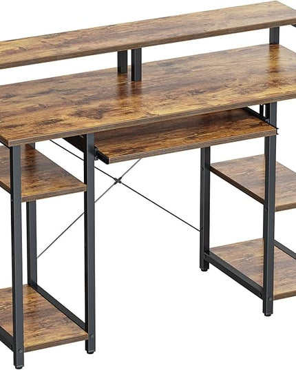 BANTI 47 Inch Computer Desk with Storage Shelves Monitor Stand Keyboard Tray, Home Office Desk, Study Writing Table, Rustic Brown - LeafyLoom