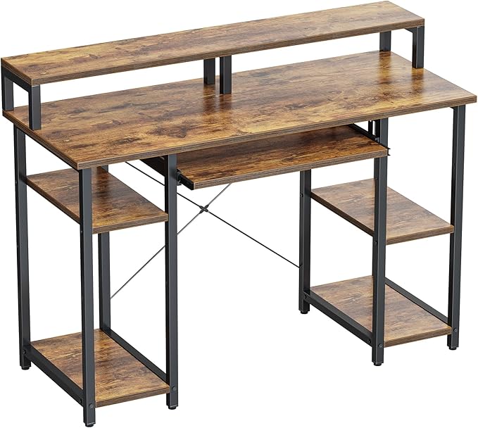 BANTI 47 Inch Computer Desk with Storage Shelves Monitor Stand Keyboard Tray, Home Office Desk, Study Writing Table, Rustic Brown - LeafyLoom