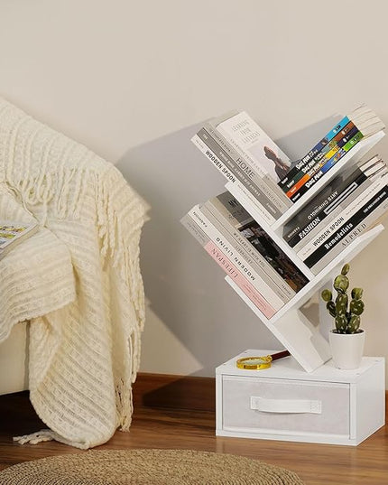 Small Bookshelf with Drawer,4 Tier Tree Book Shelf,Wood Desk Bookshelves,Modern Free Standing Desktop Display Shelves,White Floor Standing Organizer Bookcase for Living Room,Bedroom,Office - LeafyLoom
