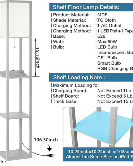 SHINE HAI LED Shelf Floor Lamp, Modern Standing Lamp with 2 USB Ports and 1 Power Outlet, 3-Tiered Display Floor Lamps with Shelves for Living Room, Bedroom and Office - Gray - LeafyLoom