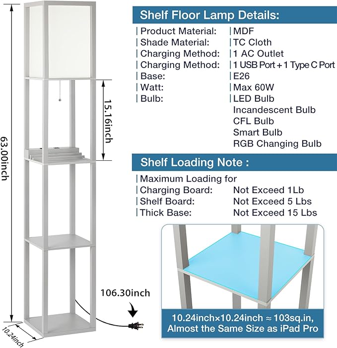 SHINE HAI LED Shelf Floor Lamp, Modern Standing Lamp with 2 USB Ports and 1 Power Outlet, 3-Tiered Display Floor Lamps with Shelves for Living Room, Bedroom and Office - Gray - LeafyLoom