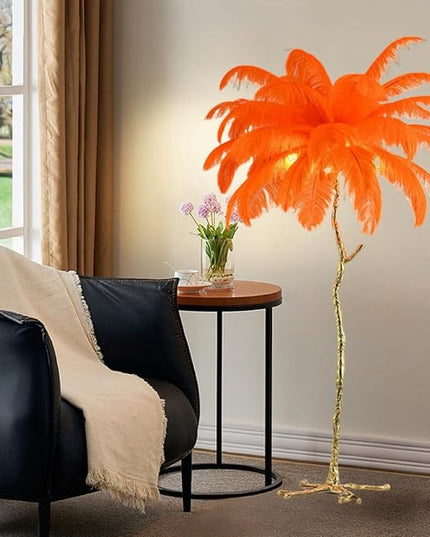 Romantic Ostrich Feather Floor Lamp Modern Luxury Resin Ostrich Feather LED Lamp Living Room Bedroom Corner Decoration Floor lamp(Orange) - LeafyLoom