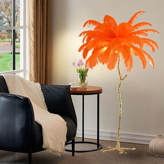 Romantic Ostrich Feather Floor Lamp Modern Luxury Resin Ostrich Feather LED Lamp Living Room Bedroom Corner Decoration Floor lamp(Orange) - LeafyLoom