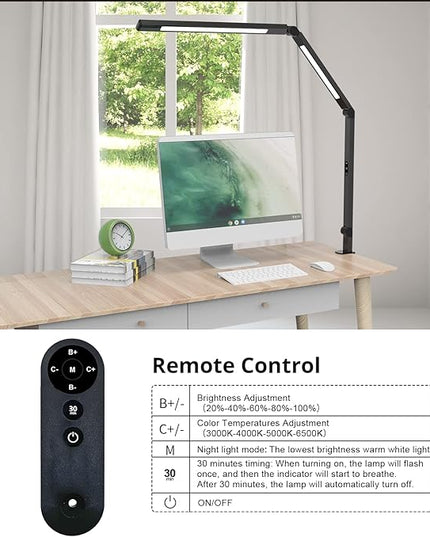 LED Desk Lamp with Clamp, Architect Desk Lamp for Home Office with Remote Control, Swing Arm Clamp on Desk Light, Clip-on Eye-Care Adjustable 5 Brightness Levels Table Light for Working Drafting - LeafyLoom