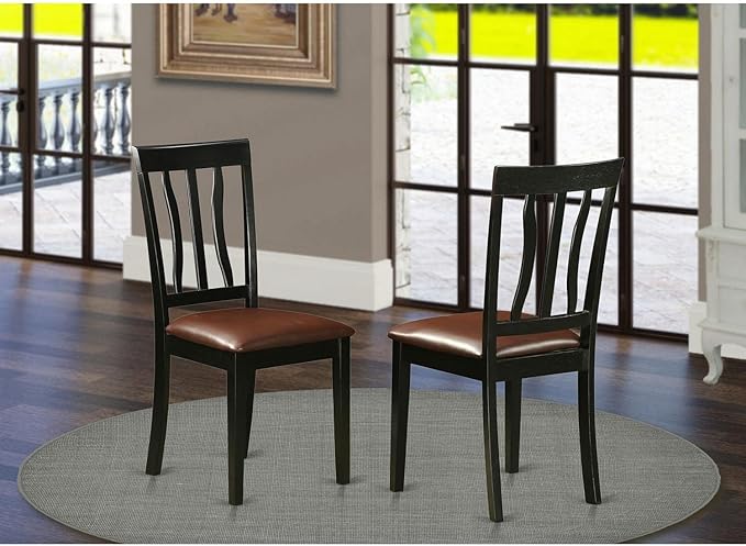 East West Furniture Antique Dining Room Faux Leather Upholstered Wooden Chairs, Set of 2, Black & Cherry - LeafyLoom