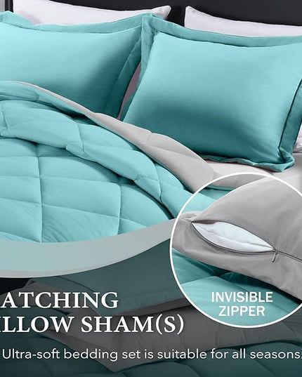 downluxe Twin Comforter Set - Turquoise and Grey Twin Comforter, Soft Bedding Sets for All Seasons -2 Pieces - 1 Comforter (66"x92") and 1 Pillow Sham(20"x26") - LeafyLoom
