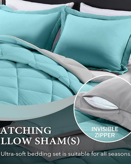downluxe Queen Comforter Set - Turquoise and Grey Queen Comforter, Soft Bedding Sets for All Seasons -3 Pieces - 1 Comforter (88"x92") and 2 Pillow Shams(20"x26") - LeafyLoom