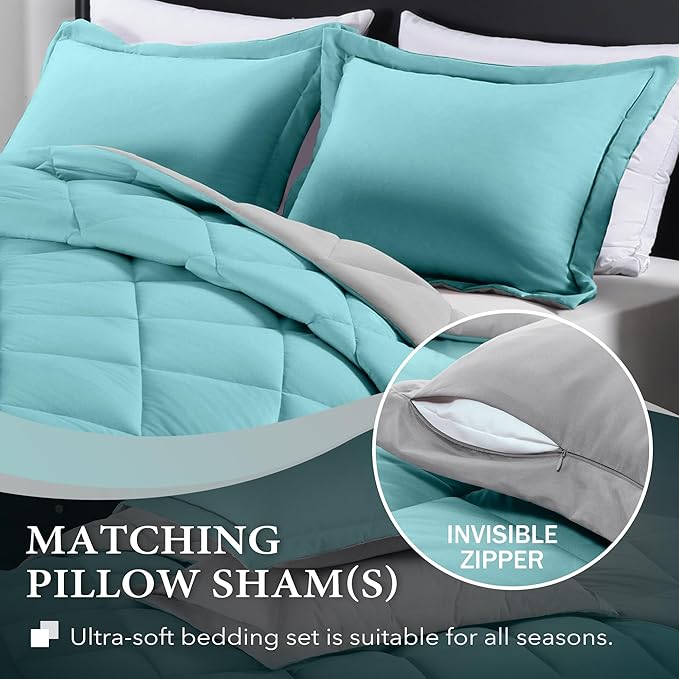 downluxe Queen Comforter Set - Turquoise and Grey Queen Comforter, Soft Bedding Sets for All Seasons -3 Pieces - 1 Comforter (88"x92") and 2 Pillow Shams(20"x26") - LeafyLoom