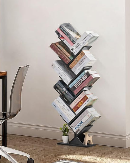 10 Tier Tree Book Shelf, Floor Standing Wood Bookshelf for Narrow Space, Storage Organizer Bookshelves for Books/CDs/Magazine, Bookcase with Shelves for Home Office, Living Room - Black - LeafyLoom