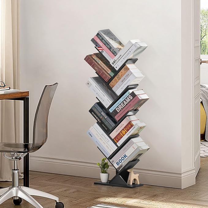 10 Tier Tree Book Shelf, Floor Standing Wood Bookshelf for Narrow Space, Storage Organizer Bookshelves for Books/CDs/Magazine, Bookcase with Shelves for Home Office, Living Room - Black - LeafyLoom