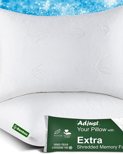 Cooling Bed Pillows for Sleeping 2 Pack, Shredded Memory Foam Pillows Queen Size Set of 2 - Adjustable Pillows for Side Back Sleepers with Cooling Washable Cover, Medium Firm Support Pillows - LeafyLoom