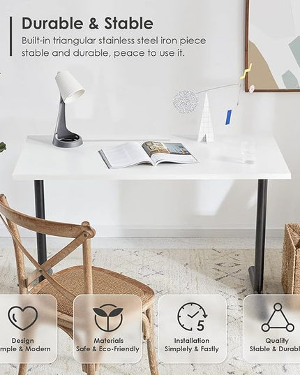 Sunon Home Office 47" Computer Desk Wood Writing Table with Cable Managemant, Black Metal Frame, White - LeafyLoom