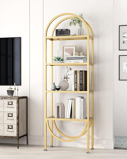Freestanding Gold Bookshelves with Glass Shelves Storage, Modern Gold Bookcase with 4 Tier Glass Shelves, Gold Storage Organizer for Office, Living Room - LeafyLoom