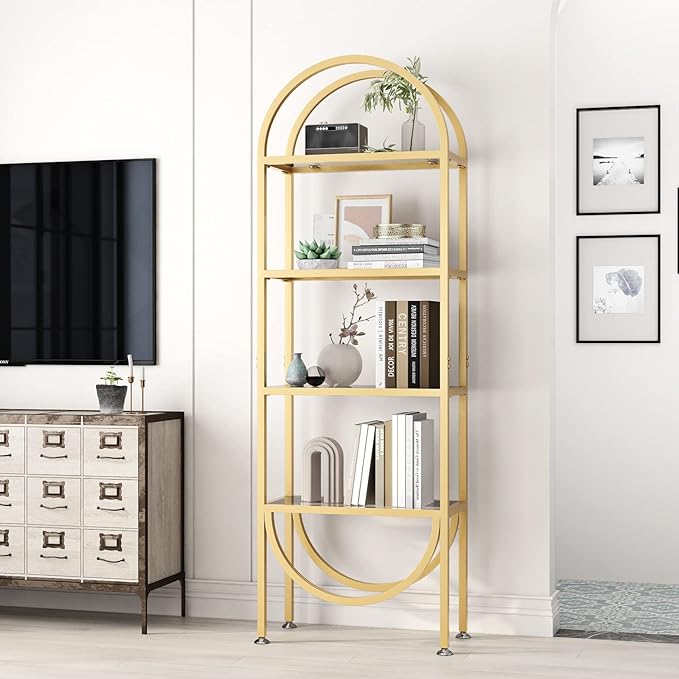 Freestanding Gold Bookshelves with Glass Shelves Storage, Modern Gold Bookcase with 4 Tier Glass Shelves, Gold Storage Organizer for Office, Living Room - LeafyLoom