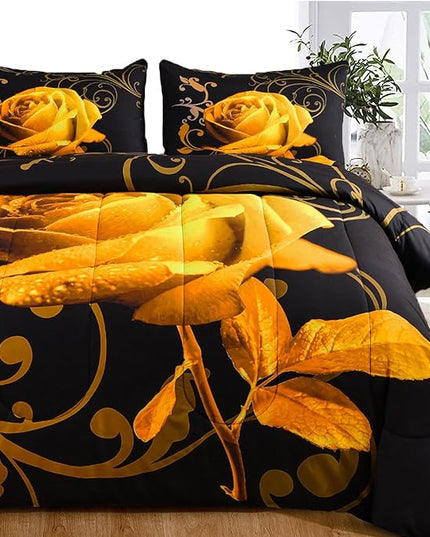 WONGS BEDDING Yellow Comforter Set King Reversible Yellow Rose Pattern Printed Bedding Comforter Set with 2 Pillowcases for All Seasons, Soft Microfiber Filling Bedding Set 103"x90" - LeafyLoom