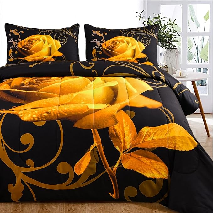 WONGS BEDDING Yellow Comforter Set King Reversible Yellow Rose Pattern Printed Bedding Comforter Set with 2 Pillowcases for All Seasons, Soft Microfiber Filling Bedding Set 103"x90" - LeafyLoom