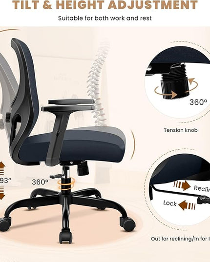 Office Chair Ergonomic Desk Chair with Adjustable Lumbar Support, Swivel Comfy Computer Chair Heavy Duty Executive Chair for Home Office - LeafyLoom
