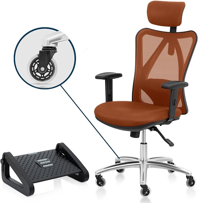 Duramont Office Chair Ergonomic Adjustable Lumbar Support and Rollerblade Wheels - Desk Chair with High Back Breathable Mesh - Thick Seat Cushion, Head, and Arm Rests control BROWN - LeafyLoom