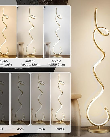 Modern Floor Lamps for Living Room, LED 53" Tall 30W Gold Spiral Corner Floor Lamp with Remote, 3 Color Temperature, Stepless Dimmable, Bright Standing Lamp for Bedroom Home Office Deco - LeafyLoom