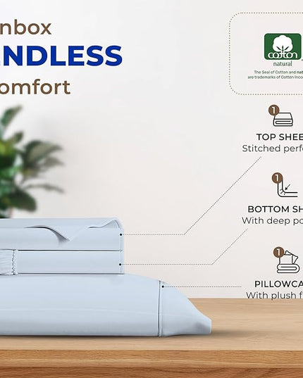 THREAD SPREAD 100% Egyptian Cotton Sheets Twin - 600 Thread Count Sheets Twin, 3 PC Deep Pocket Twin Sheets, Soft, Cooling Sateen Weave Extra Long Twin Sheets for Dorm, 16 in Deep Pocket - Light Blue - LeafyLoom