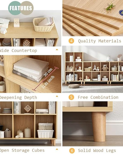IOTXY Open Cube Low Bookcase - 3-Tier Freestanding Storage Display Cabinet Organizer with Legs for Home Office, 9-Cubes Open Shelf Short Bookshelf, Oak - LeafyLoom