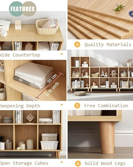 IOTXY Open Cube Low Bookcase - 3-Tier Freestanding Storage Display Cabinet Organizer with Legs for Home Office, 8-Cubes Open Shelf Short Bookshelf, Oak - LeafyLoom