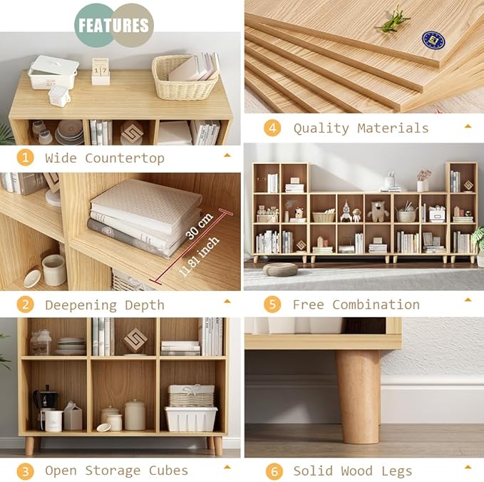 IOTXY Open Cube Low Bookcase - 3-Tier Freestanding Storage Display Cabinet Organizer with Legs for Home Office, 7-Cubes Open Shelf Short Bookshelf, Oak - LeafyLoom
