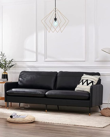 79" Genuine Leather Sofa, Top-Grain 3 Seater Leather Couch, Mid-Century Modern Upholstered Sofa for Living Room Bedroom Apartment Office, Black - LeafyLoom