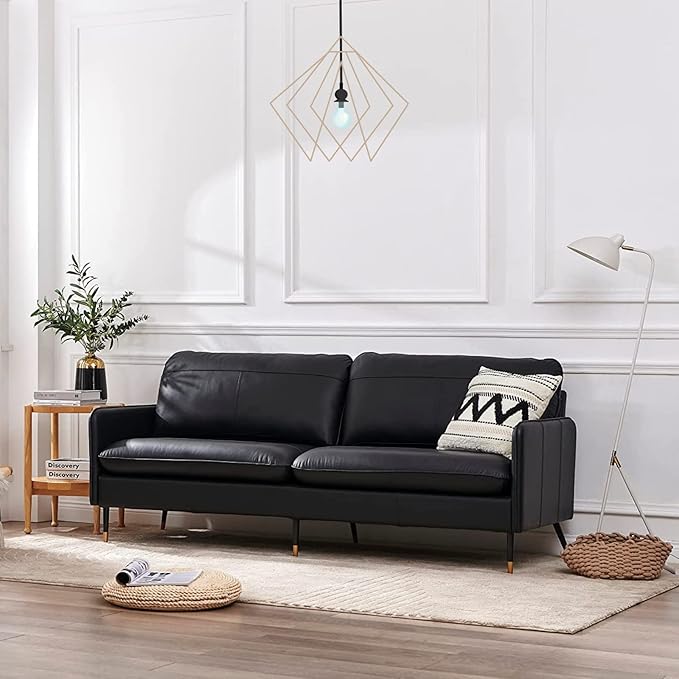 79" Genuine Leather Sofa, Top-Grain 3 Seater Leather Couch, Mid-Century Modern Upholstered Sofa for Living Room Bedroom Apartment Office, Black - LeafyLoom