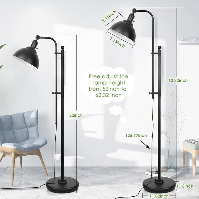 Black Floor Lamp, 3 Color Temperature Industrial Floor Lamps, Adjustable Height & Head Standing Reading Lamp, Farmhouse Floor lamp for Living Room, Bedroom, Office - LeafyLoom