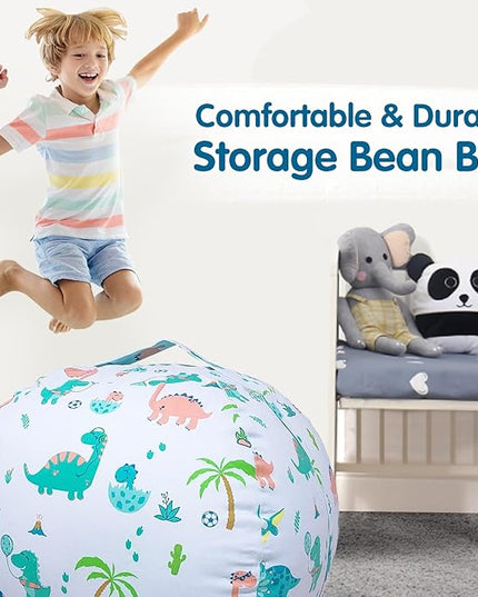 Lukeight Stuffed Animal Storage Bean Bag Chair Cover for Kids, Dinosaur Zipper Beanbag Chair Cover for Organizing Toddler & Kids' Rooms Plush Toys (Dinosaur Blue, X-Large) - LeafyLoom