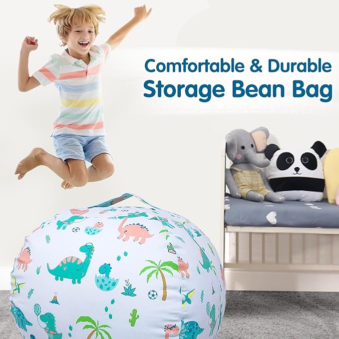 Lukeight Stuffed Animal Storage Bean Bag Chair Cover for Kids, Dinosaur Zipper Beanbag Chair Cover for Organizing Toddler & Kids' Rooms Plush Toys (Dinosaur Blue, X-Large) - LeafyLoom