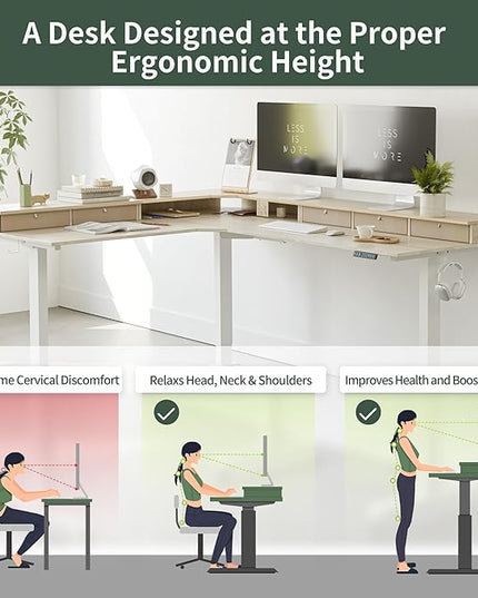 FEZIBO Triple Motor 75" L Shaped Standing Desk with 5 Drawers, Reversible Electric Standing Gaming Desk Adjustable Height, Corner Stand up Desk with Splice Board, White Frame/Light Walnut Top - LeafyLoom