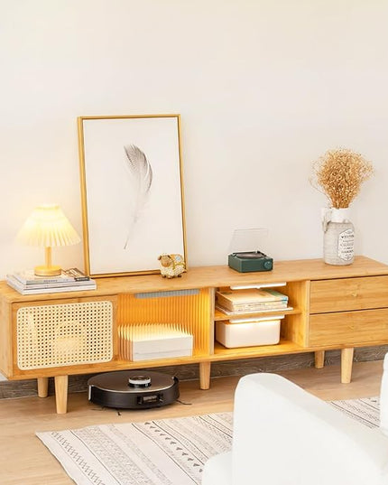 Tiita Rattan TV Stand for 55 60 Inch TV, Bamboo TV Cabinet with 2 Drawers, Boho Entertainment Center with Adjustable Shelf, Mid Century Modern Media Console for Bedroom, Living Room, Study - LeafyLoom