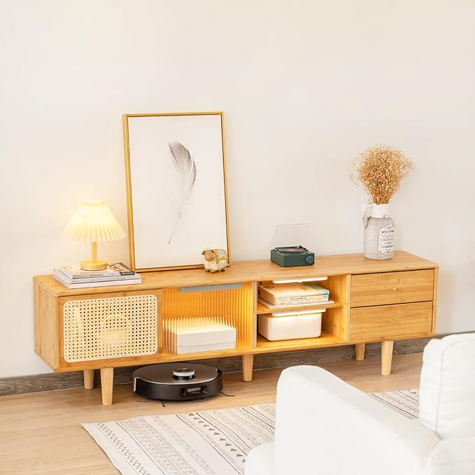 Tiita Rattan TV Stand for 55 60 Inch TV, Bamboo TV Cabinet with 2 Drawers, Boho Entertainment Center with Adjustable Shelf, Mid Century Modern Media Console for Bedroom, Living Room, Study - LeafyLoom