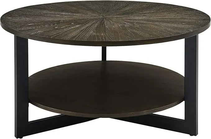 MODERION Round Coffee Table with Storage Shelf, Farmhouse Living Room Cocktail Table with Black Metal Legs, Circular Solid Wood Center Tea/ Sofa Table, 35.3''Dx17.8''H, Brushed Black KFZ1338BK - LeafyLoom