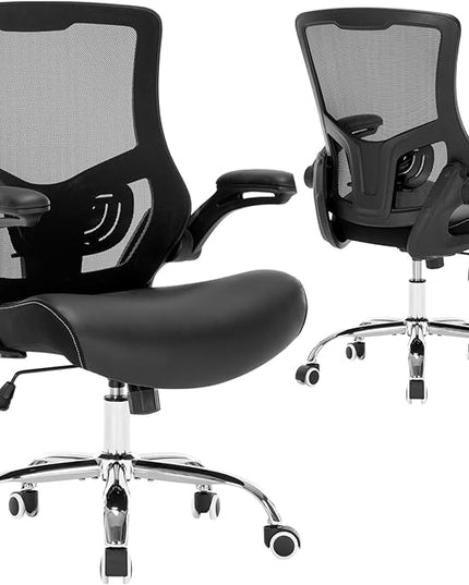 Office Chair Ergonomic Desk Chair with PU Leather Cushion Home Office Desk Chair, Computer Task Chair with Adjustable Lumbar Support & Flip-up Arms Swivel Mesh Back Executive Chair - LeafyLoom
