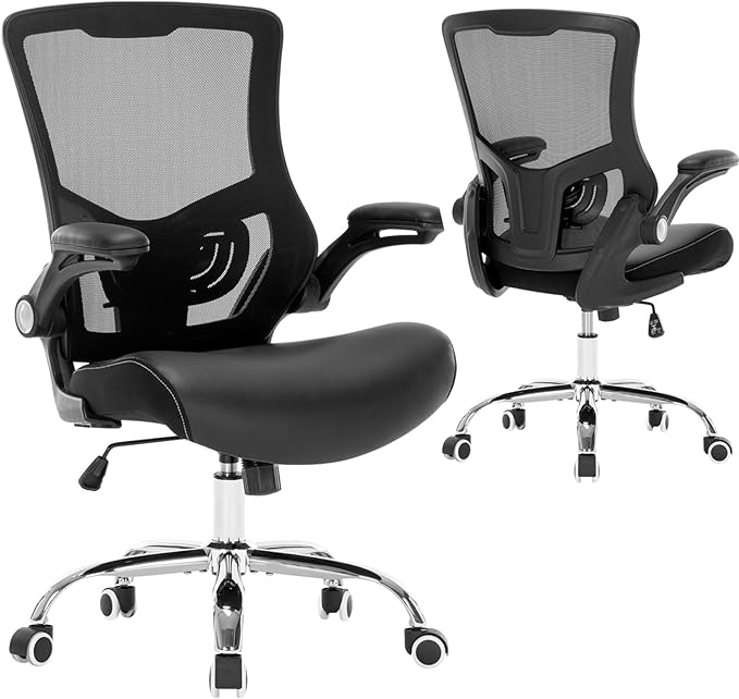 Office Chair Ergonomic Desk Chair with PU Leather Cushion Home Office Desk Chair, Computer Task Chair with Adjustable Lumbar Support & Flip-up Arms Swivel Mesh Back Executive Chair - LeafyLoom