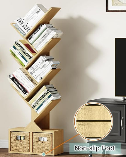 Vagusicc 6 Tier Tree Bookshelf - Retro Shelf Floor Standing Bookcase with Baskets, Tall Wood Book Storage Rack for Books/CDs, Tree Utility Book Organizer Shelves for Living Room, Home Office, Bedroom - LeafyLoom