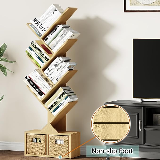 Vagusicc 6 Tier Tree Bookshelf - Retro Shelf Floor Standing Bookcase with Baskets, Tall Wood Book Storage Rack for Books/CDs, Tree Utility Book Organizer Shelves for Living Room, Home Office, Bedroom - LeafyLoom