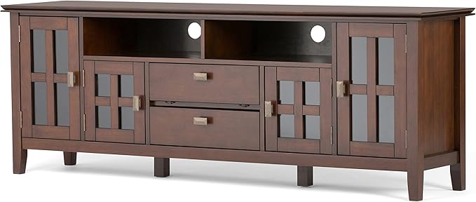 SIMPLIHOME Artisan SOLID WOOD Universal TV Media Stand, 72 inch Wide, Contemporary, Living Room Entertainment Center, Storage Cabinet, for Flat Screen TVs up to 80 inches in Russet Brown - LeafyLoom