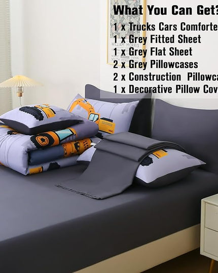 JQinHome Construction Full Bedding Sets for Boys Kids,8 Piece Bed in A Bag 3D Cartoon Car Excavator Tractor Comforter Set with Sheet Set,Trucks Cars - LeafyLoom
