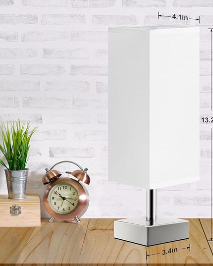 White Small Table Lamp for Bedroom - Bedside Lamps for Nightstand, Minimalist Night Stand Lamp with Square Fabric Shade, Desk Reading Lamp for Kids Room Living Room Office with Sliver Base - LeafyLoom