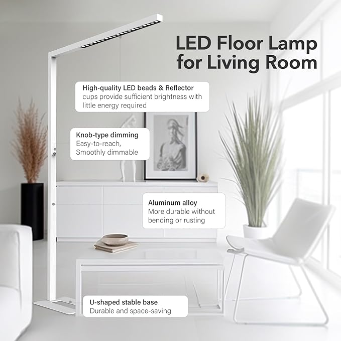 STERREN 77" LED Floor Lamp for Office, 7350LM Dimmable Eye-care Standing Piano Lamp,70W Tall Reading Light, 4000K Bright Lighting for Living Room - White - LeafyLoom
