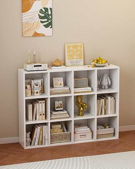 12-Cube Storage Shelf Bookcase - Wooden 3-Tier Floor Standing Open Bookshelf for Home and Office, Display Cabinet, Warm White - LeafyLoom